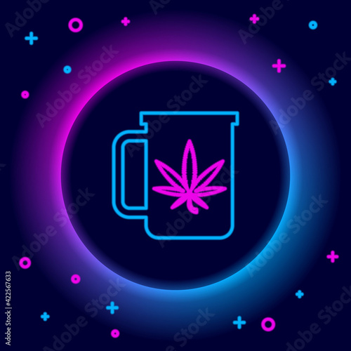 Glowing neon line Cup tea with marijuana or cannabis leaf icon isolated on black background. Marijuana legalization. Hemp symbol. Colorful outline concept. Vector