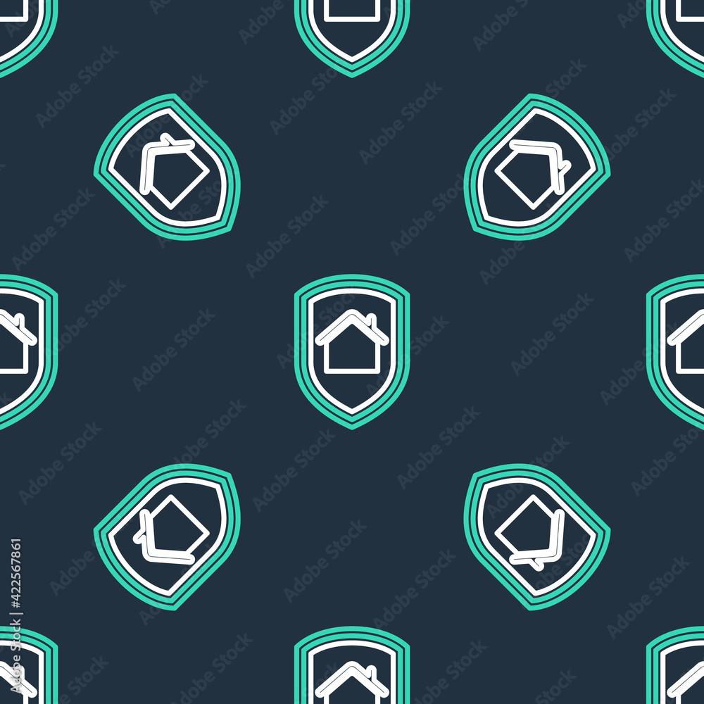 Line House under protection icon isolated seamless pattern on black background. Home and shield. Protection, safety, security, protect, defense concept. Vector Line House under protection icon isolated seamless pattern on black background. Home and shield. Protection, safety, security, protect, defense concept. Vector