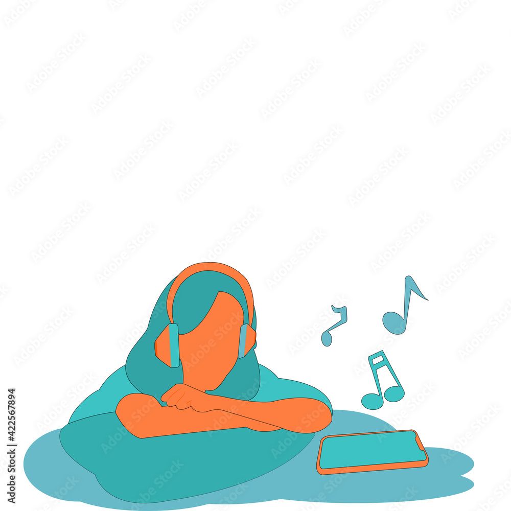 Fototapeta premium Cartoon young girl listening to music on her smartphone. Young woman in headphones listening to music. Relaxed no face female enjoying music. Vector illustration flat design in green and orange tone