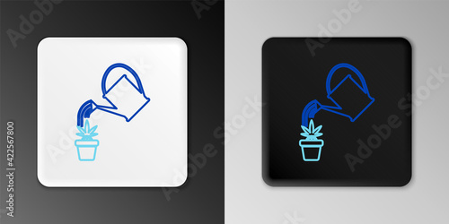 Line Watering can sprays water drops above marijuana or cannabis plant in pot icon isolated on grey background. Marijuana growing concept. Colorful outline concept. Vector