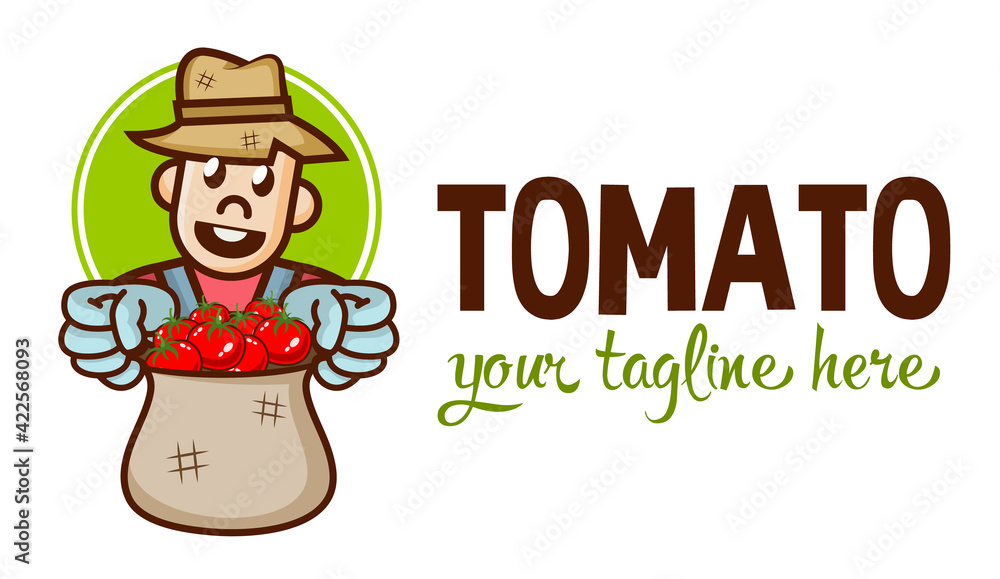 Flat cute funny farmer shows a bag of tomatoes. Gardener logo or sign. Vector farm character. Agriculture concept. Flat cute funny farmer shows a bag of tomatoes. Gardener logo or sign. Vector farm character. Agriculture concept.