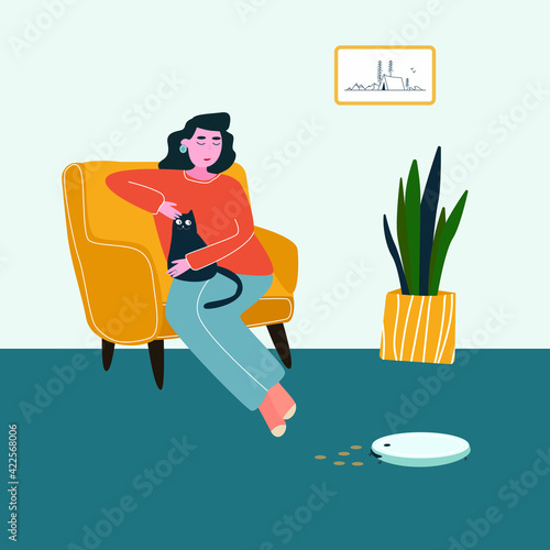 flat vector, a woman is resting in a chair with a cat while the robot vacuum cleaner cleans up