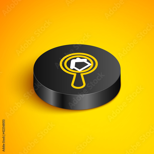 Isometric line Search house icon isolated on yellow background. Real estate symbol of a house under magnifying glass. Black circle button. Vector