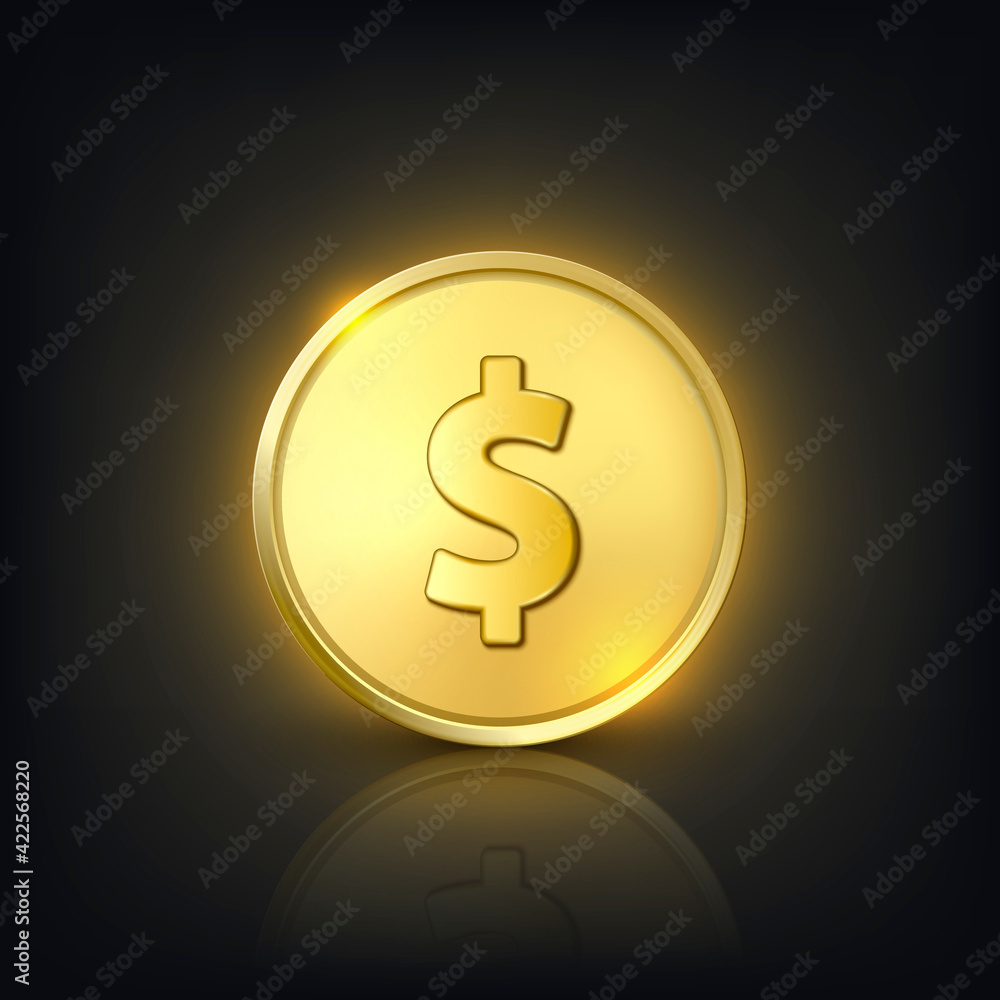 Vector 3d Realistic Golden Dollar Coin. Currency, Money, Wealth, Capital, Banking, E-commerce, Exchange, Finance Concept. Glow Coin Closeup on Dark Background with Reflection. Front View Vector 3d Realistic Golden Dollar Coin. Currency, Money, Wealth, Capital, Banking, E-commerce, Exchange, Finance Concept. Glow Coin Closeup on Dark Background with Reflection. Front View