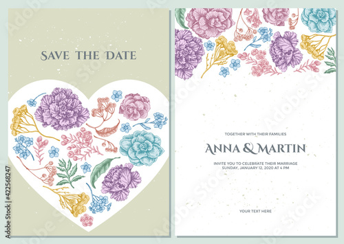 Wedding invitation card with pastel wax flower, forget me not flower, tansy, ardisia, brassica, decorative cabbage