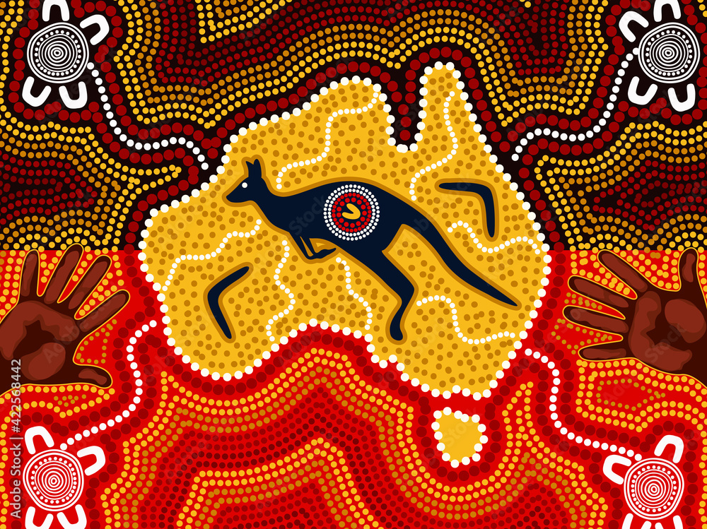 Aboriginal style of art with map and kangaroo Aboriginal style of art with map and kangaroo