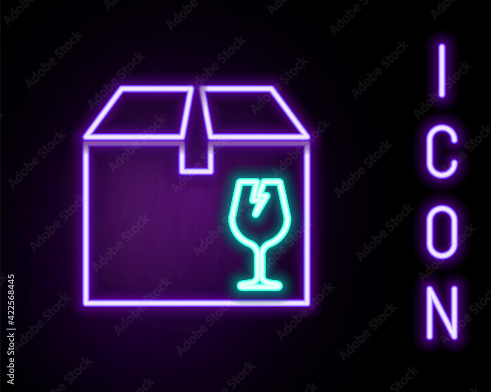 Glowing neon line Delivery package box with fragile content symbol of broken glass icon isolated on black background. Box, package, parcel sign. Colorful outline concept. Vector Glowing neon line Delivery package box with fragile content symbol of broken glass icon isolated on black background. Box, package, parcel sign. Colorful outline concept. Vector