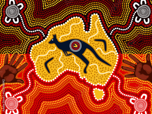 Aboriginal style of art with map and kangaroo