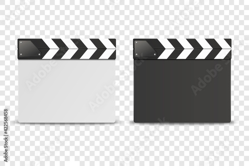 Vector 3d Realistic Closed White and Black Movie Film Clap Board Icon Set Closeup Isolated on Transoparent Background. Design Template of Clapperboard, Slapstick, Filmmaking Device. Front View