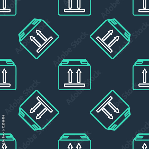 Line Cardboard box with traffic symbol icon isolated seamless pattern on black background. Box, package, parcel sign. Delivery, transportation and shipping. Vector © vector_v