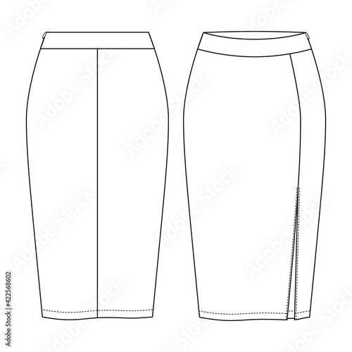 Women Basic Stretch Knit Pencil Skirt Vector Fashion Flat Sketches. Fashion Technical Illustration Template. Front Slit