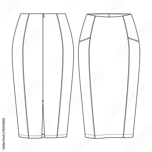 Women Fitted Pencil Skirt Vector Fashion Flat Sketches. Fashion Technical Illustration Template. Cut and sew detail. Back Slit