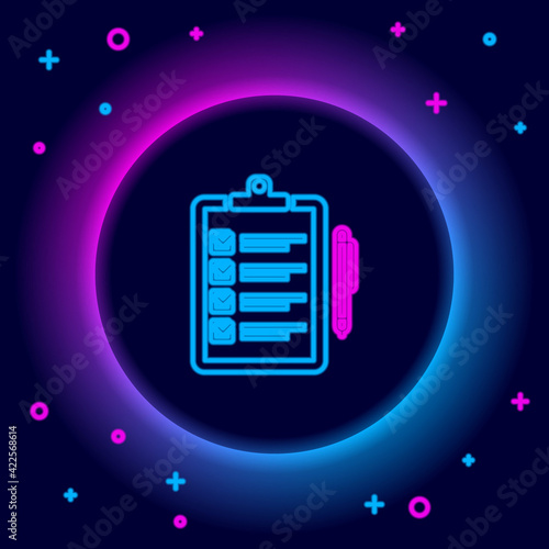 Glowing neon line Verification of delivery list clipboard and pen icon isolated on black background. Colorful outline concept. Vector