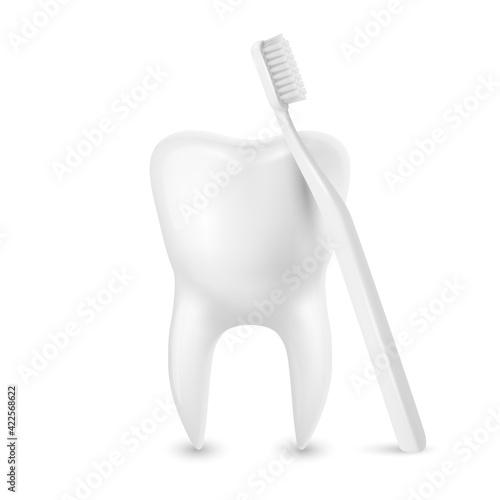 Vector 3d Realistic Toothbrush and Tooth Closeup Isolated on White Background. Medical Dentist Illustration. Design Template, Clipart, Mockup. Dental Health Concept