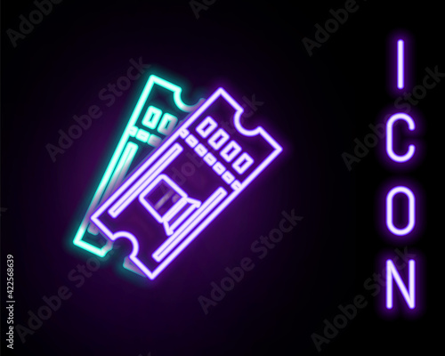 Glowing neon line Train ticket icon isolated on black background. Travel by railway. Colorful outline concept. Vector