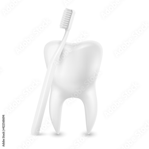 Vector 3d Realistic Toothbrush and Tooth Closeup Isolated on White Background. Medical Dentist Illustration. Design Template, Clipart, Mockup. Dental Health Concept