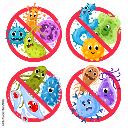Bacterial protection. Germs in ged round prohibition signs, disinfection and epidemic prevention icons. Stop infection vector illustration set