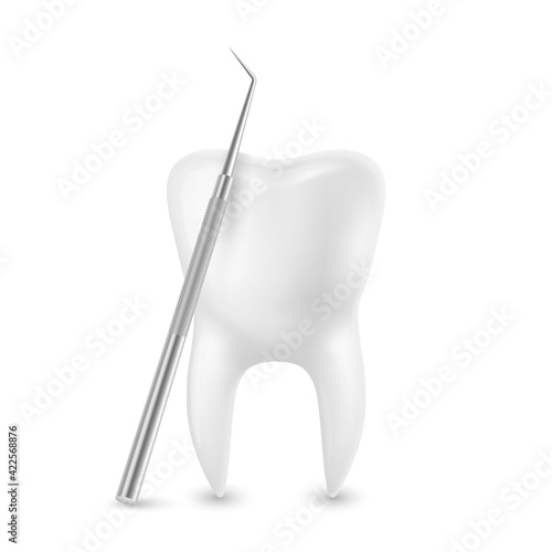Vector 3d Realistic Tooth and Dental Probe for Teeth Closeup Isolated on White Background. Medical Dentist Tool. Design Template, Clipart, Mockup. Dentistry, Healthcare, Hygiene Concept