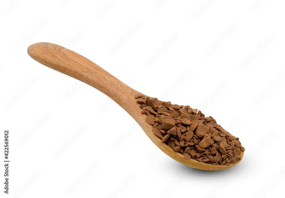 Instant coffee powder with wooden spoon isolated on white background Instant coffee powder with wooden spoon isolated on white background
