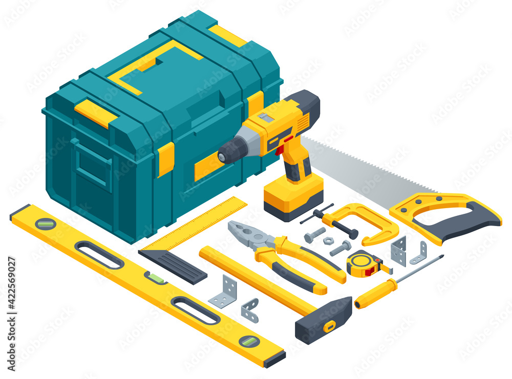 Large set of construction tools. Drill, hammer, hacksaw, tape measure, nippers, pliers, wrench, stapler, roller. Icon set. Large set of construction tools. Drill, hammer, hacksaw, tape measure, nippers, pliers, wrench, stapler, roller. Icon set.