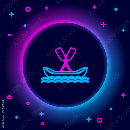 Glowing neon line Rafting boat icon isolated on black background. Kayak with paddles. Water sports, extreme sports, holiday, vacation, team building. Colorful outline concept. Vector