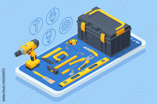 Large set of construction tools. Drill, hammer, hacksaw, tape measure, nippers, pliers, wrench, stapler, roller. Icon set.
