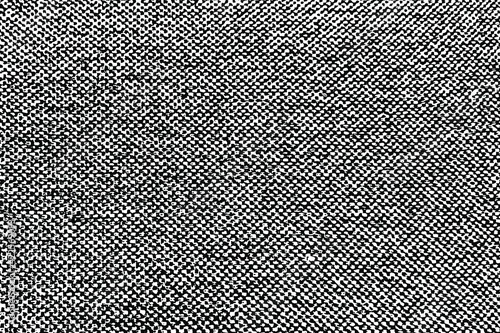 Grunge texture of coarse fabric. Monochrome background of old rough cloth with spots, noise and graininess. Overlay template. Vector illustration