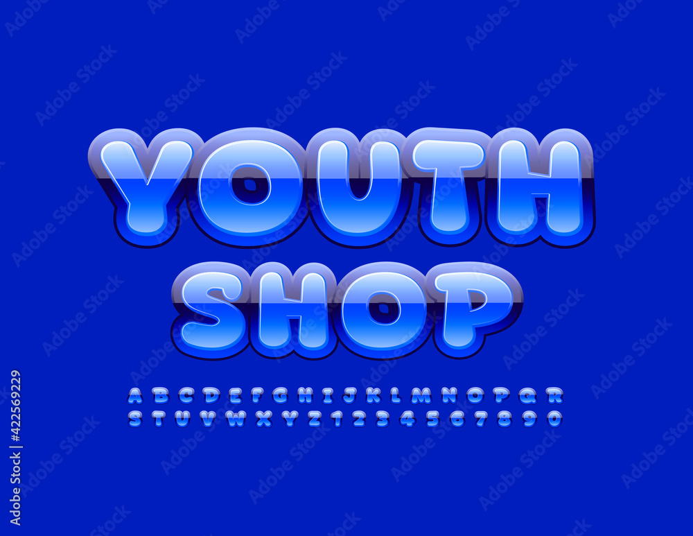 Vector bright Banner Youth Shop. Modern glossy Font. Creative Alphabet Letters and Numbers Vector bright Banner Youth Shop. Modern glossy Font. Creative Alphabet Letters and Numbers