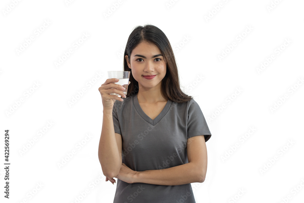 Young Asian woman holding glass of water isolated on white background Young Asian woman holding glass of water isolated on white background