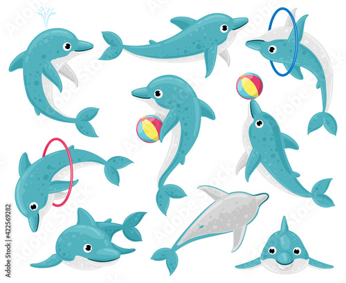 Cute cartoon dolphins. Underwater fauna mammal character, funny dolphin performing tricks. Dolphin ocean mascot vector illustration set