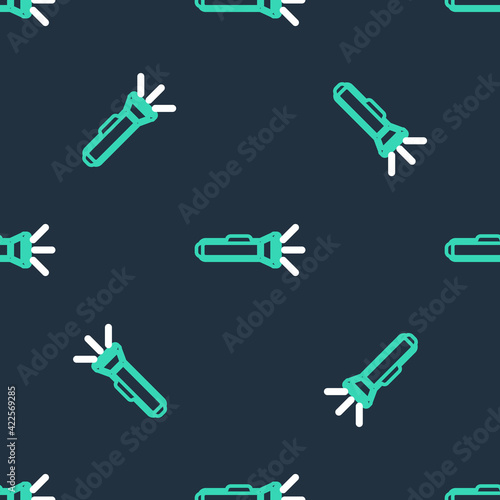 Line Flashlight icon isolated seamless pattern on black background. Vector