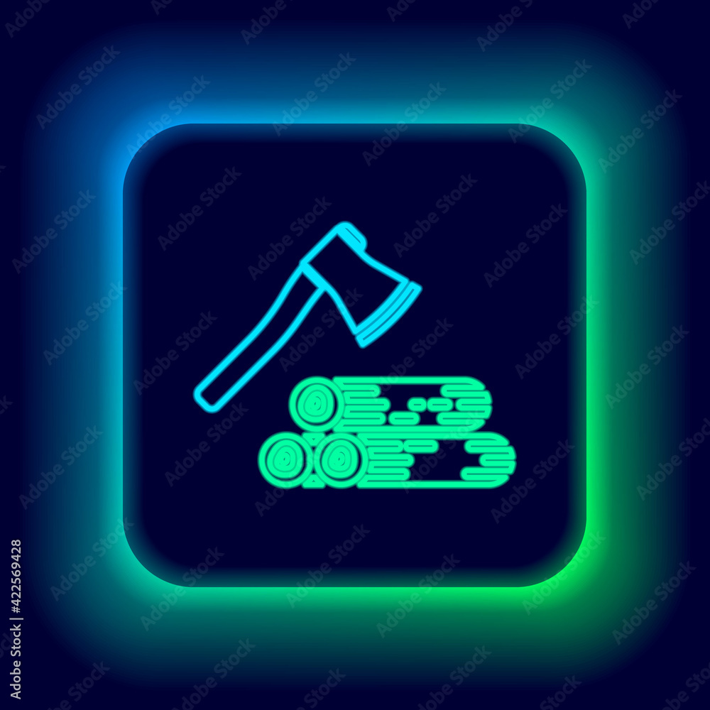 Glowing neon line Wooden axe and wood icon isolated on black background. Lumberjack axe. Colorful outline concept. Vector Glowing neon line Wooden axe and wood icon isolated on black background. Lumberjack axe. Colorful outline concept. Vector