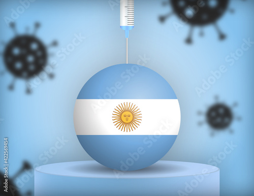 Syringe injecting vaccine into a sphere with the flag of Argentina, on a podium with virus particles in the background. Vector illustration. 