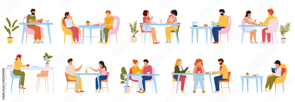 Eating people. Men and women eating meal in cafeteria, at home or restaurant, characters dining together. People eat food vector illustration set