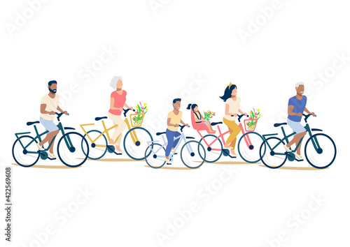 Vector illustration of a big happy family having a rest ride bicycles together. Grandfather, grandmother, mom, dad and children have fun and happy time together. Family day.