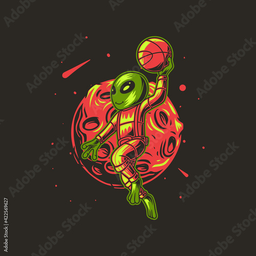 t shirt design with a moon background aliens illustration