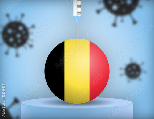 Syringe injecting vaccine into a sphere with the flag of Belgium, on a podium with virus particles in the background. Vector illustration. 
