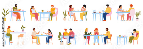 Eating people. Men and women eating meal in cafeteria, at home or restaurant, characters dining together. People eat food vector illustration set