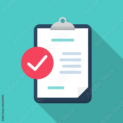 Clipboard with check review document in a flat design with long shadow