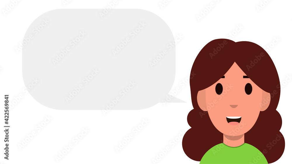 Young woman with speech bubble isolated on white background. Conversation or message concept. Flat style. Vector illustration Young woman with speech bubble isolated on white background. Conversation or message concept. Flat style. Vector illustration