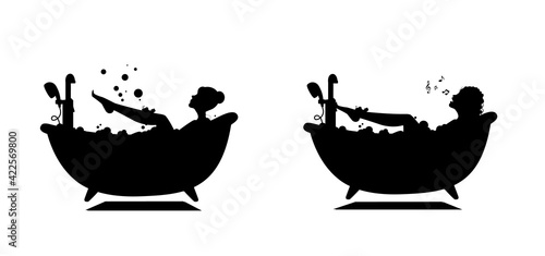 Girl in the bathroom, silhouette. Girl in a foamy bathroom, black silhouette. Design element, print.