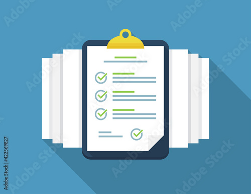 Clipboard with checklist and documents in a flat design with long shadow