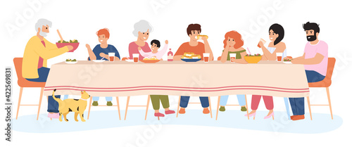 Family meal. People dining together, family eating delicious holiday meals. Dinner within family circle vector illustration set