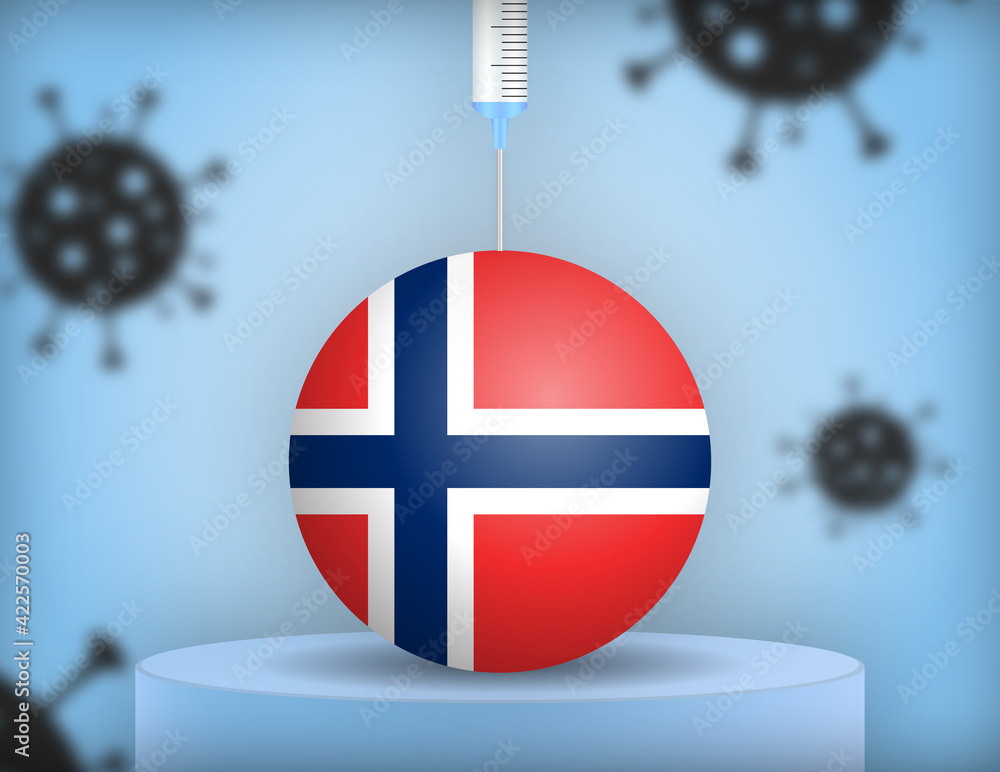 Syringe injecting vaccine into a sphere with the flag of Norway, on a podium with virus particles in the background. Vector illustration. 