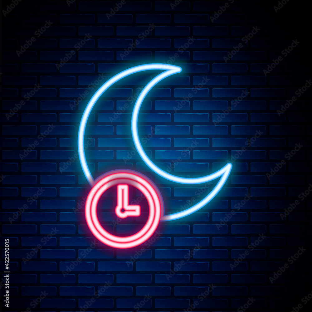 Glowing neon line Sleeping moon icon isolated on brick wall background. Colorful outline concept. Vector Glowing neon line Sleeping moon icon isolated on brick wall background. Colorful outline concept. Vector