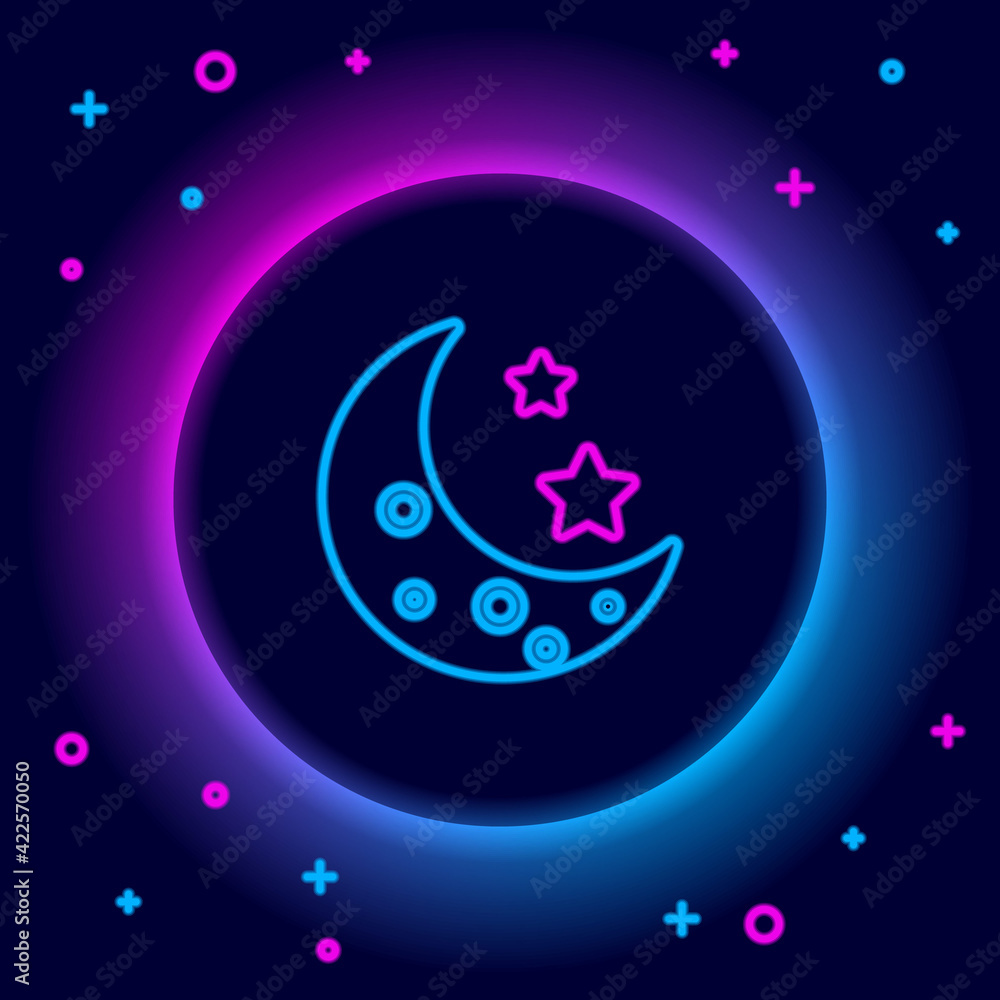 Glowing neon line Moon and stars icon isolated on black background. Colorful outline concept. Vector Glowing neon line Moon and stars icon isolated on black background. Colorful outline concept. Vector