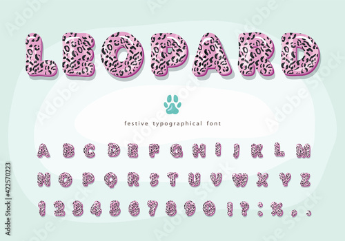 Leopard skin 3D cartoon font. Pink Jaguar, cheetah fur print bright alphabet. Decorative animal letters and numbers. Vector