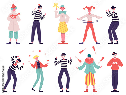 Mimes and clowns. Circus and street artists, comedy performing, juggling and magic tricks vector illustration set. Silent actors and funny clowns