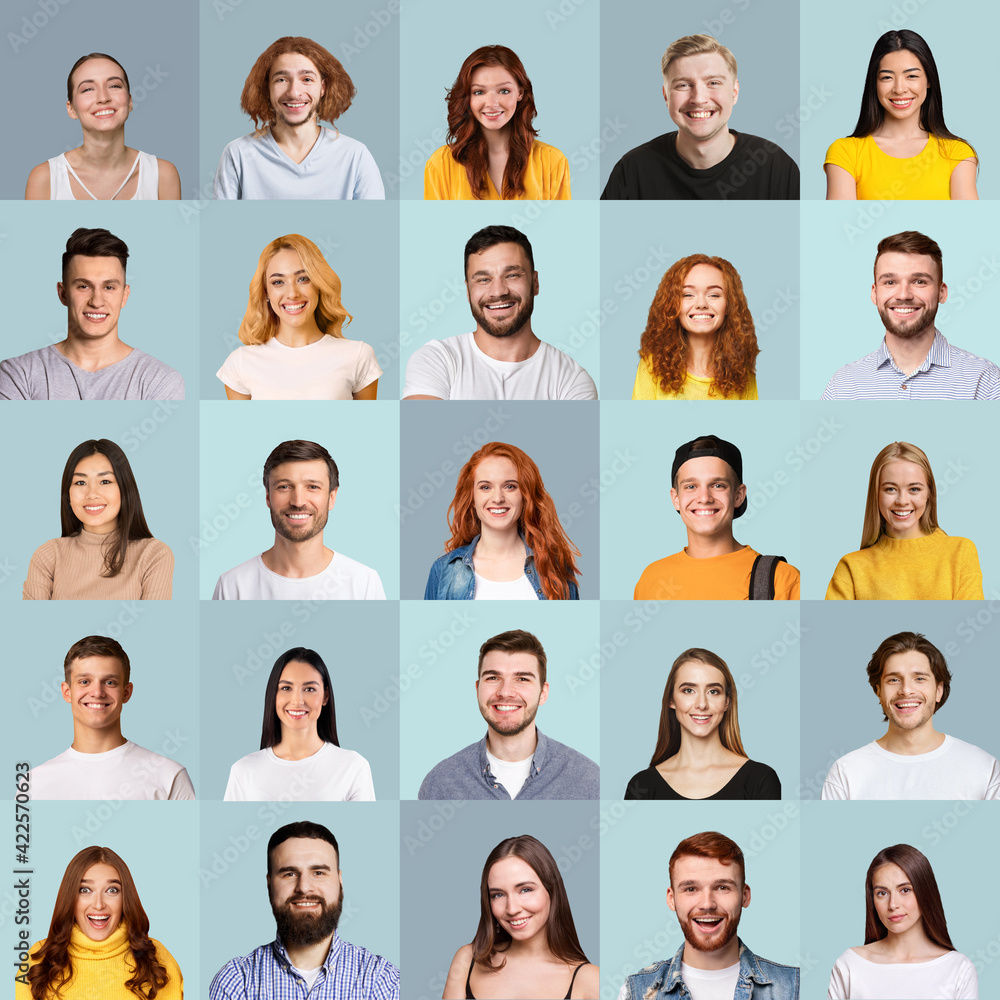 Collage of millennial people portraits with smiling faces, blue backgrounds Collage of millennial people portraits with smiling faces, blue backgrounds