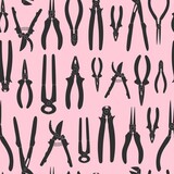 Seamless Tools pattern. Pliers, pump, long-nose, flush cutter, cutting, insulated, electronic. Vector illustration. Equipment shop decoration. Paper, textile design. Gray and pink colors.